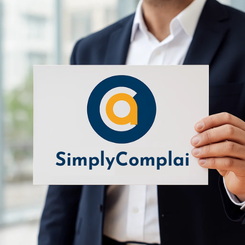 A person in a suit holding a sign with the logo and text 'SimplyComplai' displayed on it.